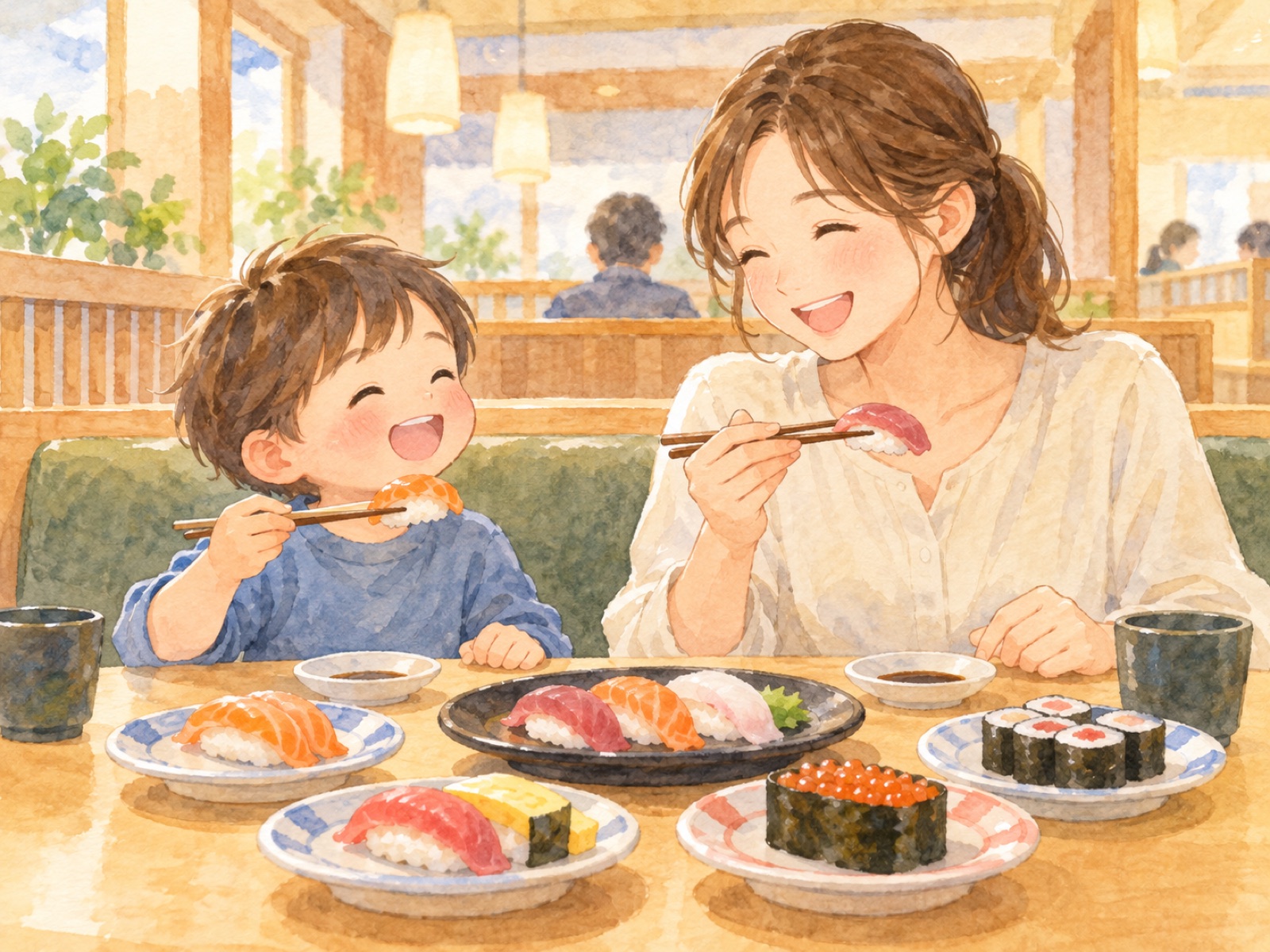 回転寿司のテーブルでお寿司を食べて笑う子どもと大人のイメージ