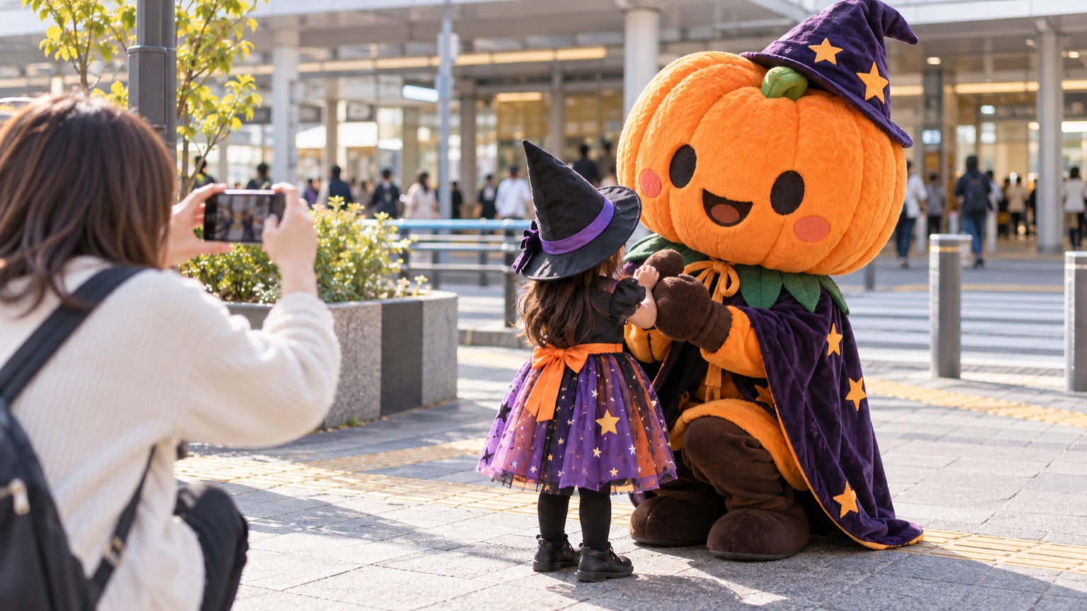 かぼちゃのモンスターと写真を撮る魔女の仮装の子ども(イメージ)