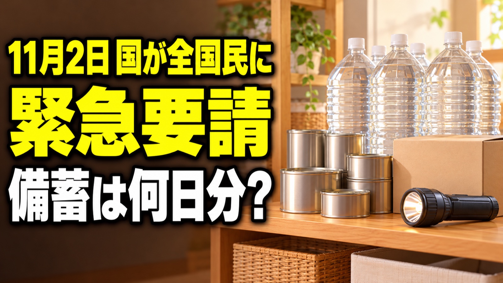 家庭の備蓄品(水・缶詰・ライト)のイメージイラスト