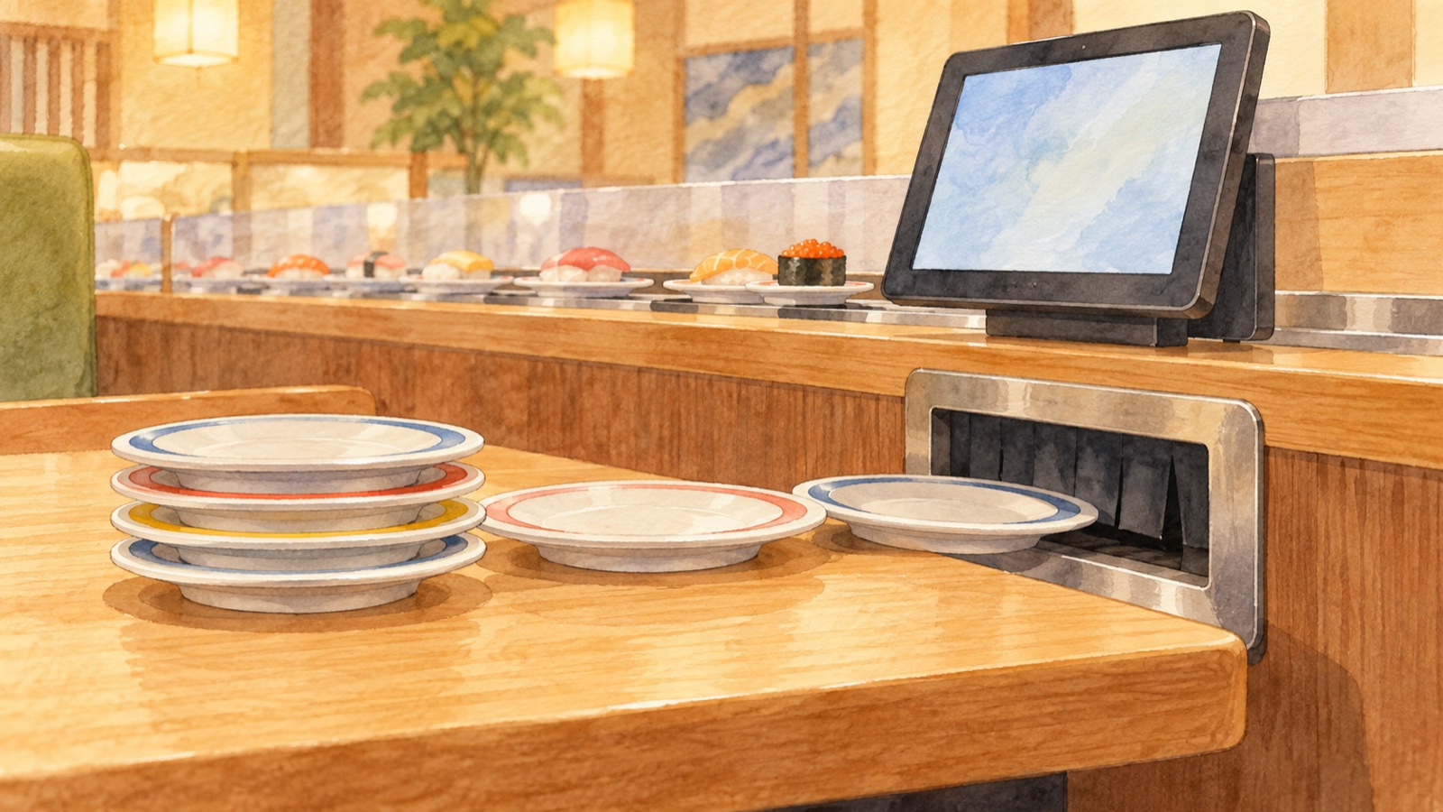 回転寿司のテーブルで食べ終えたお皿を皿回収口に入れるイメージイラスト