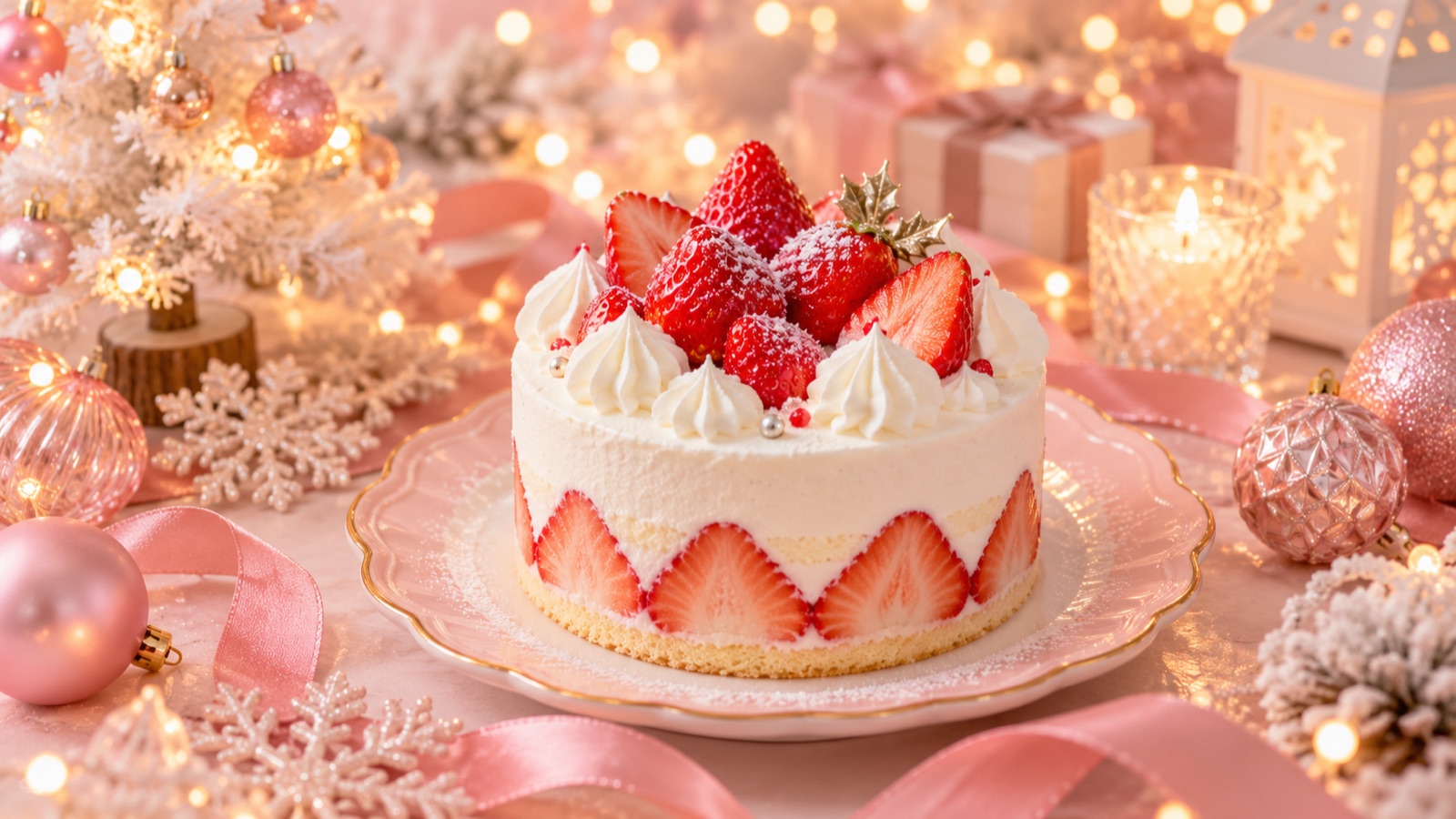 パステルピンクのクリスマスの飾りつけと、苺のショートケーキ