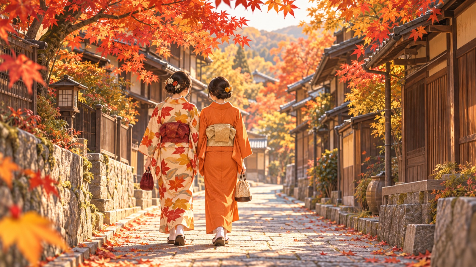 紅葉の中を着物で散策する2人の女性のイメージ
