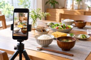 スマホで撮影されている家族の朝ごはんの食卓（イメージ）