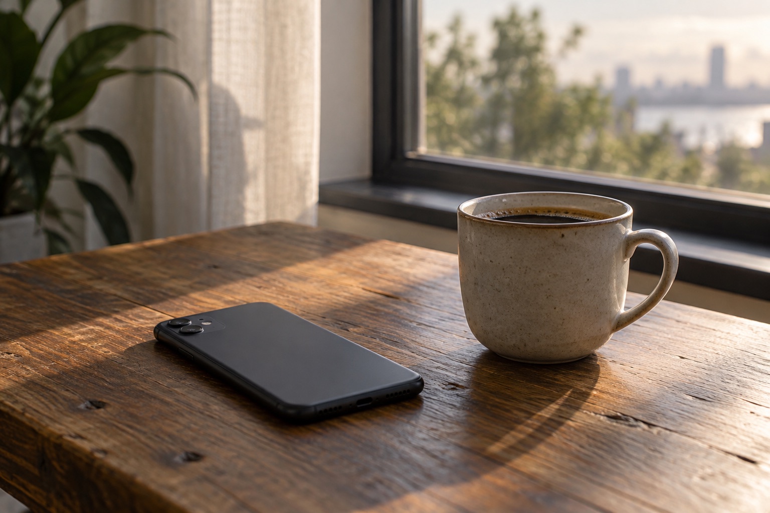 窓辺のテーブルに置かれたスマホとコーヒーカップ(イメージ)