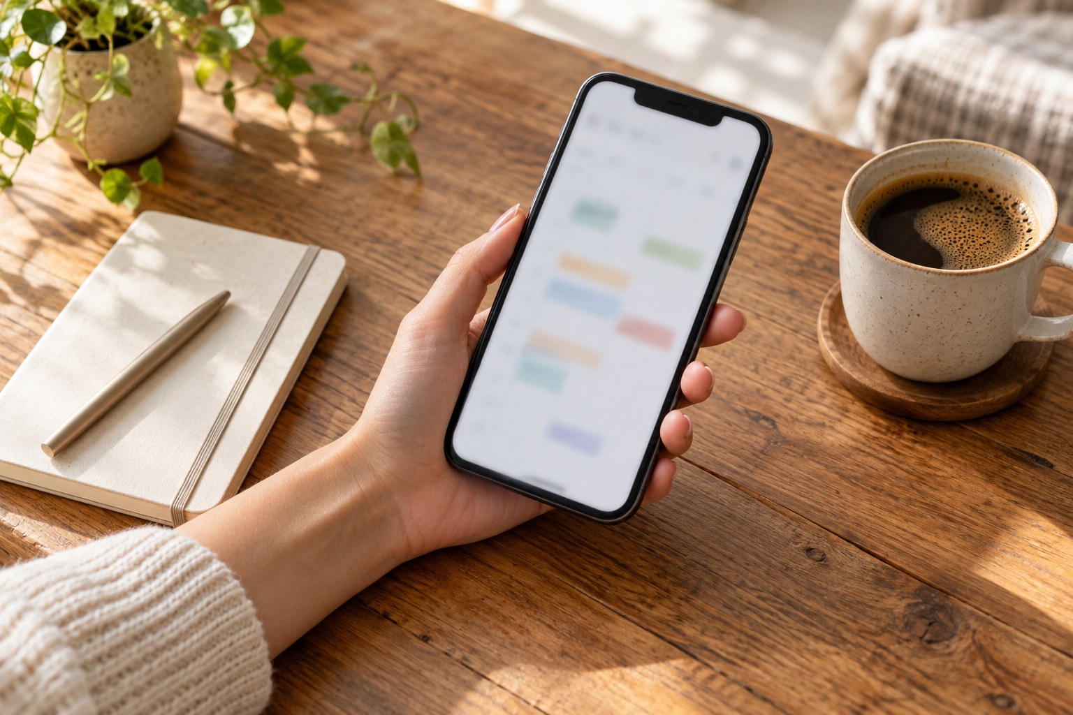 スマートフォンで予定を確認する手元