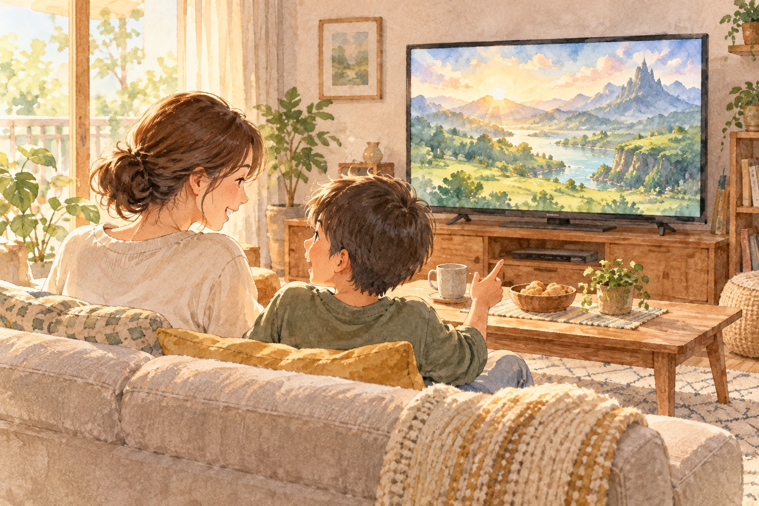 親子でゲームの紹介映像を見ているイメージ