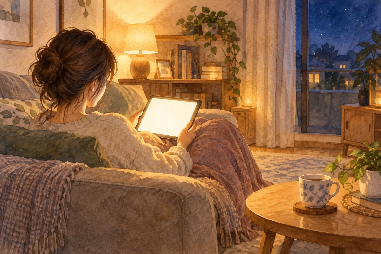夜のリビングでタブレットのアニメを見てくつろぐママのイラスト