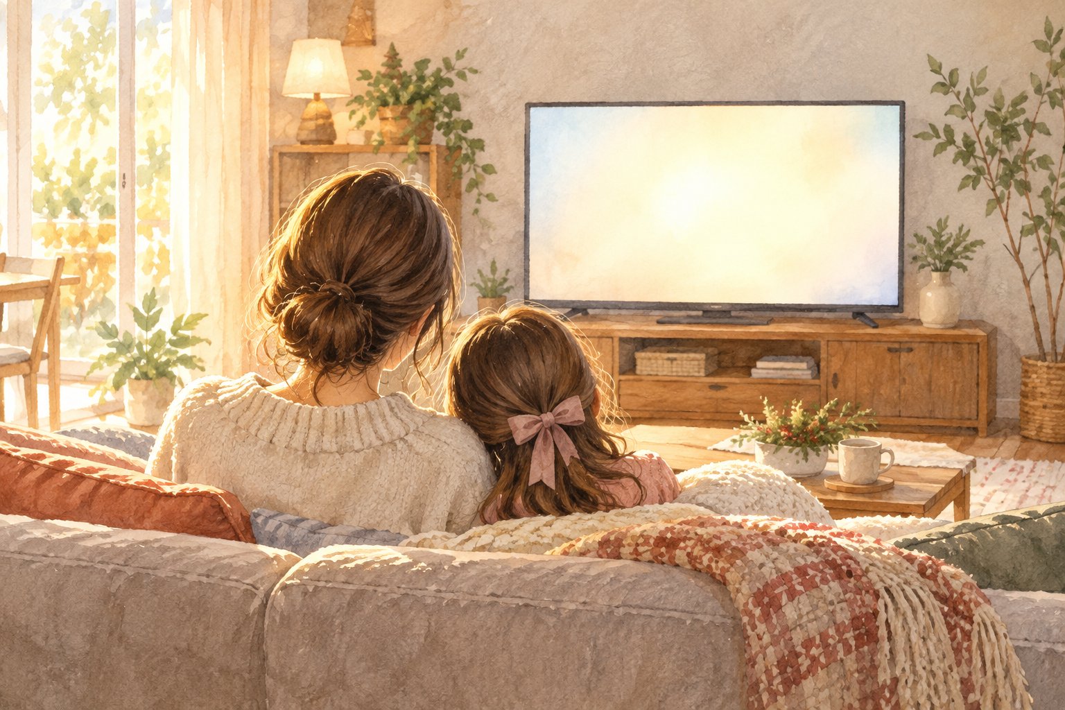 休日の朝にママと女の子が並んでテレビのアニメを見ているイラスト