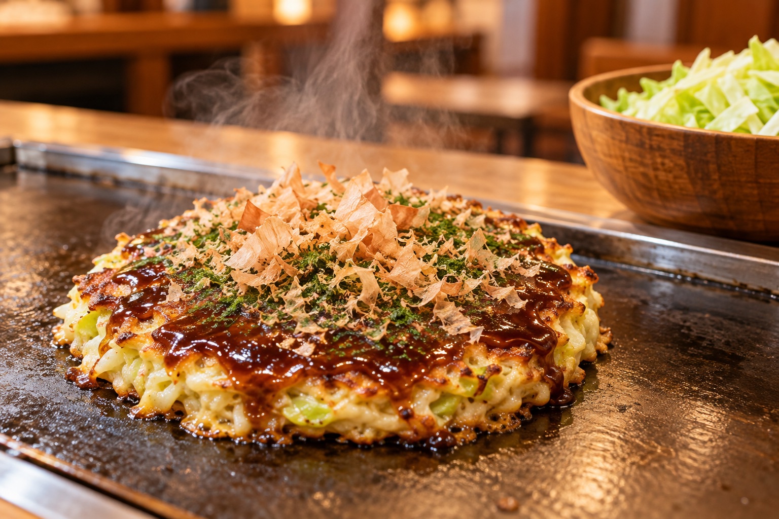 鉄板の上で焼けたお好み焼きとキャベツ(イメージ)
