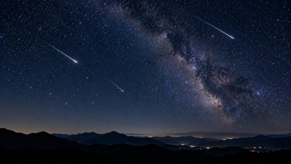 秋の夜空に流れる流れ星と山並みのシルエット（イメージ）