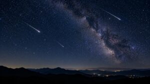 秋の夜空に流れる流れ星と山並みのシルエット（イメージ）