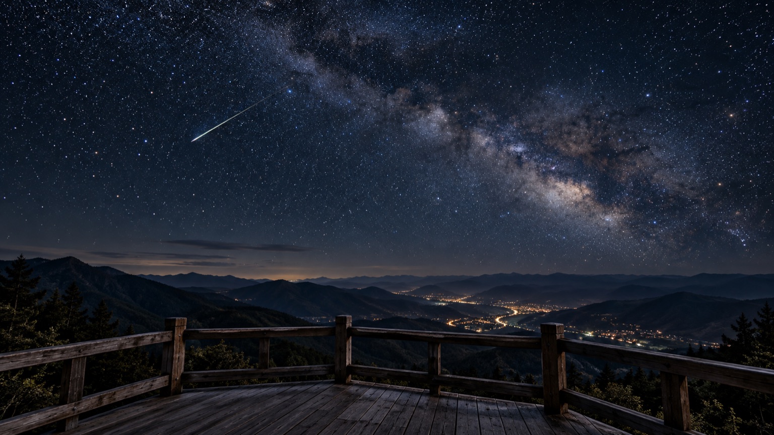 山の上の展望台から見上げる星空と流れ星（イメージ）