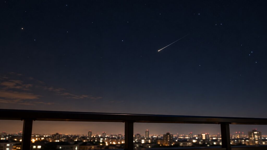 ベランダから見上げる秋の星空と流れ星（イメージ）