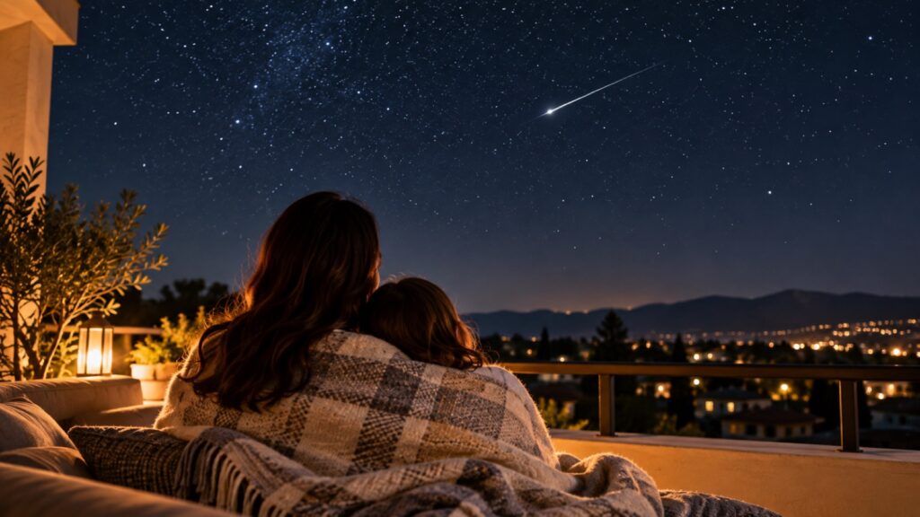 ベランダで星空を見上げる親子のうしろ姿(イメージ)