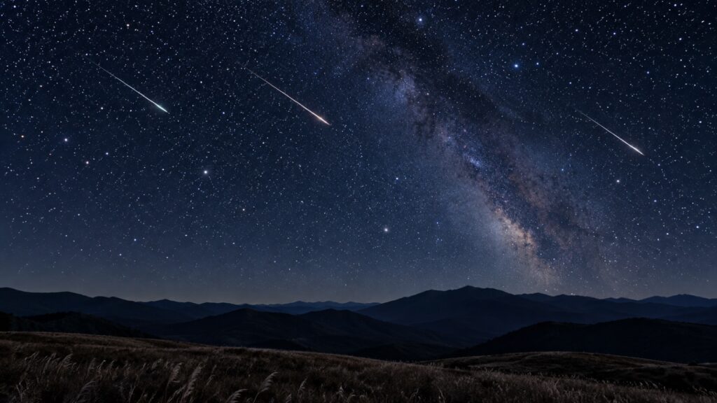 秋の夜空に流れる流れ星と山並み（イメージ）
