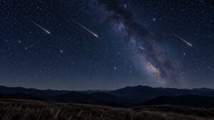 秋の夜空に流れる流れ星と山並み（イメージ）