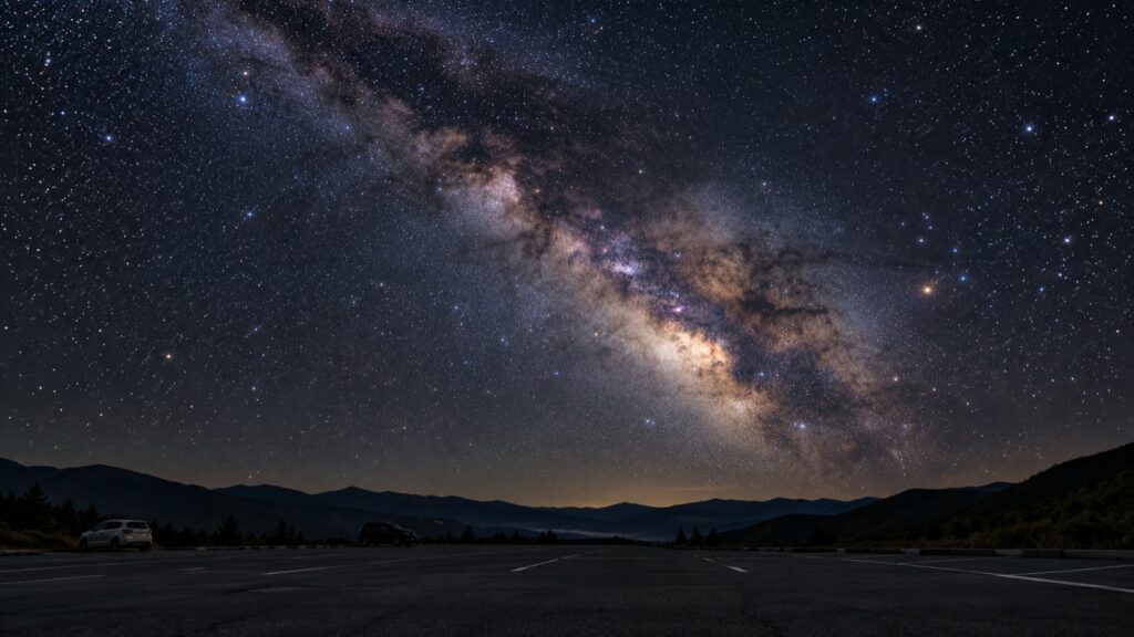 高原の駐車場から見上げる満天の星空(イメージ)