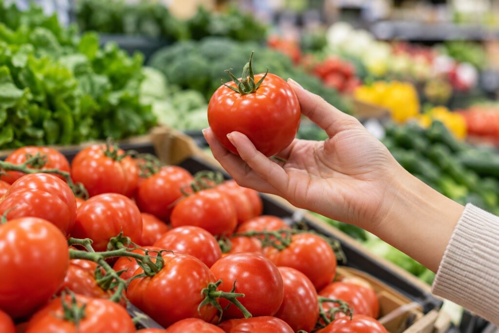 スーパーの野菜売り場でトマトを手に取る手元(イメージ)
