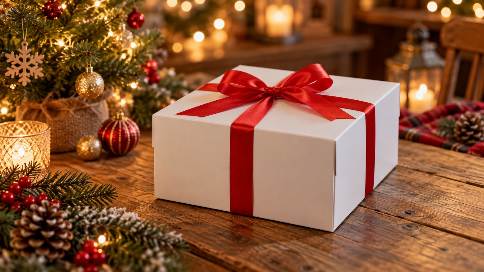 クリスマスのテーブルに置かれたリボン付きのケーキの箱
