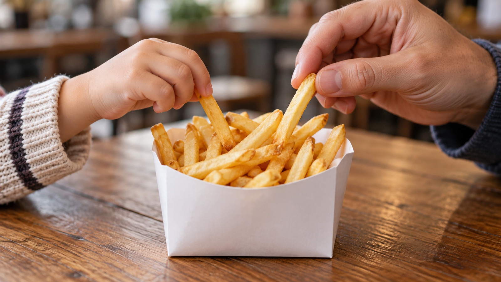 フライドポテトを分け合う親子の手元(イメージ)