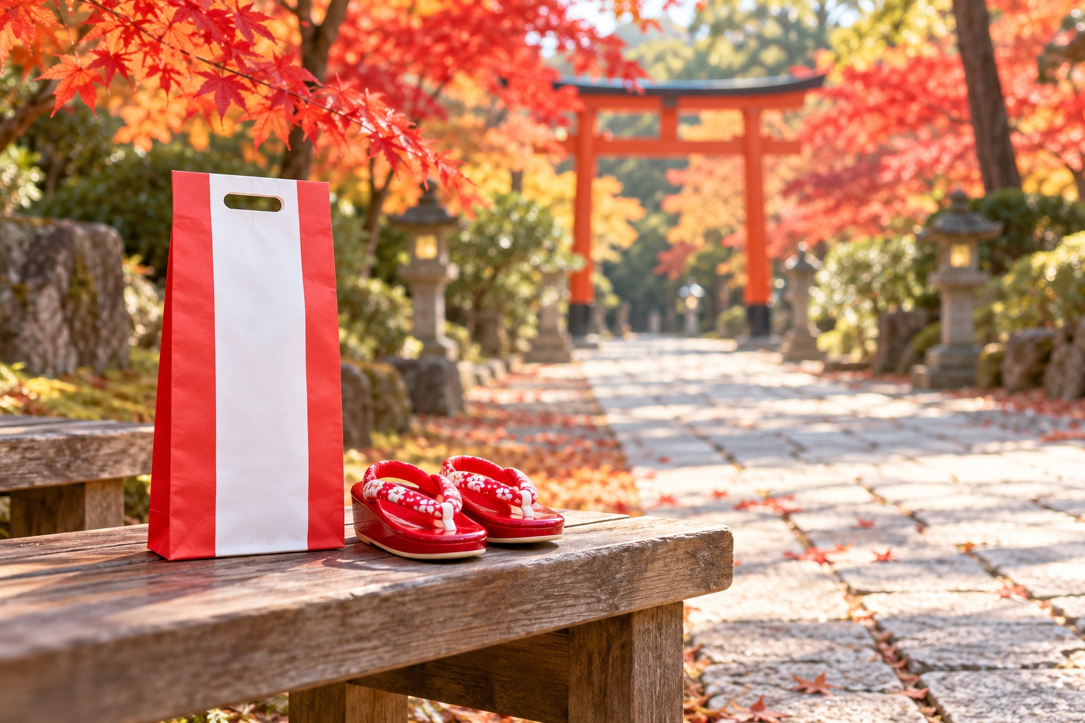 紅葉の神社の参道と、ベンチに置いた千歳飴の袋と赤い草履