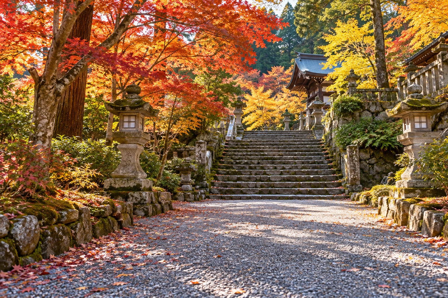 紅葉した神社の砂利道と石段