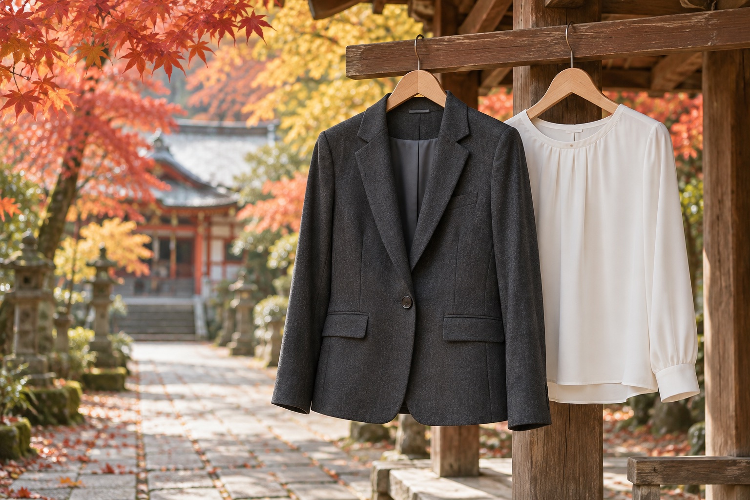 秋の神社を背景にハンガーにかかったダークグレーのジャケットと白いブラウス(イメージ)