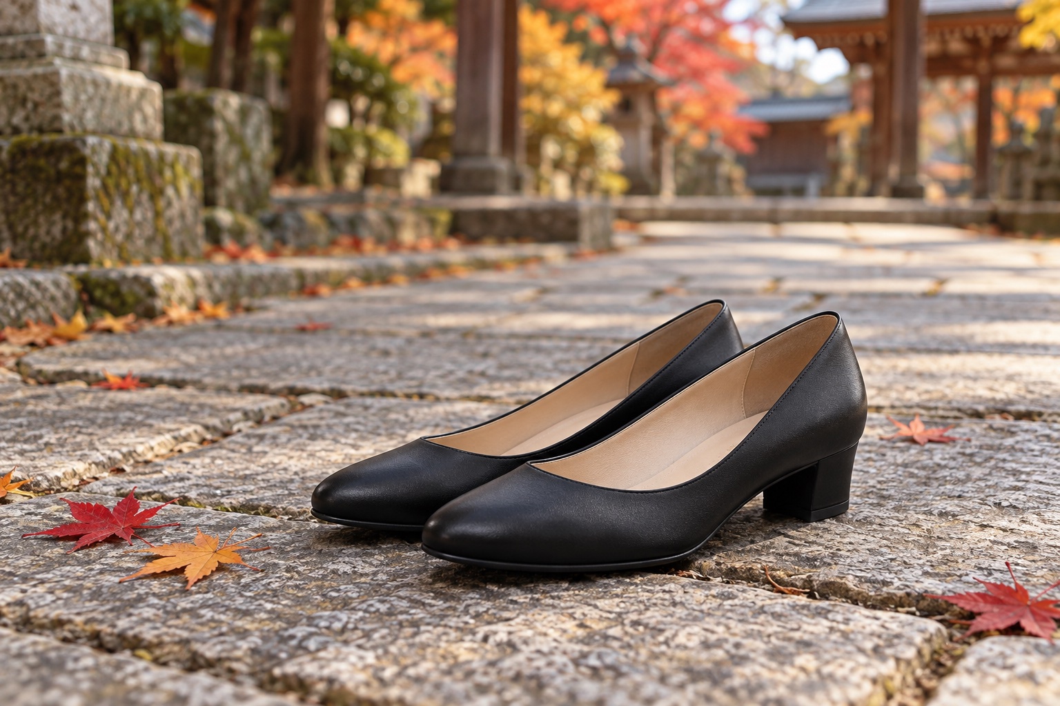 神社の石畳に置かれたヒールの低い黒いパンプス(イメージ)