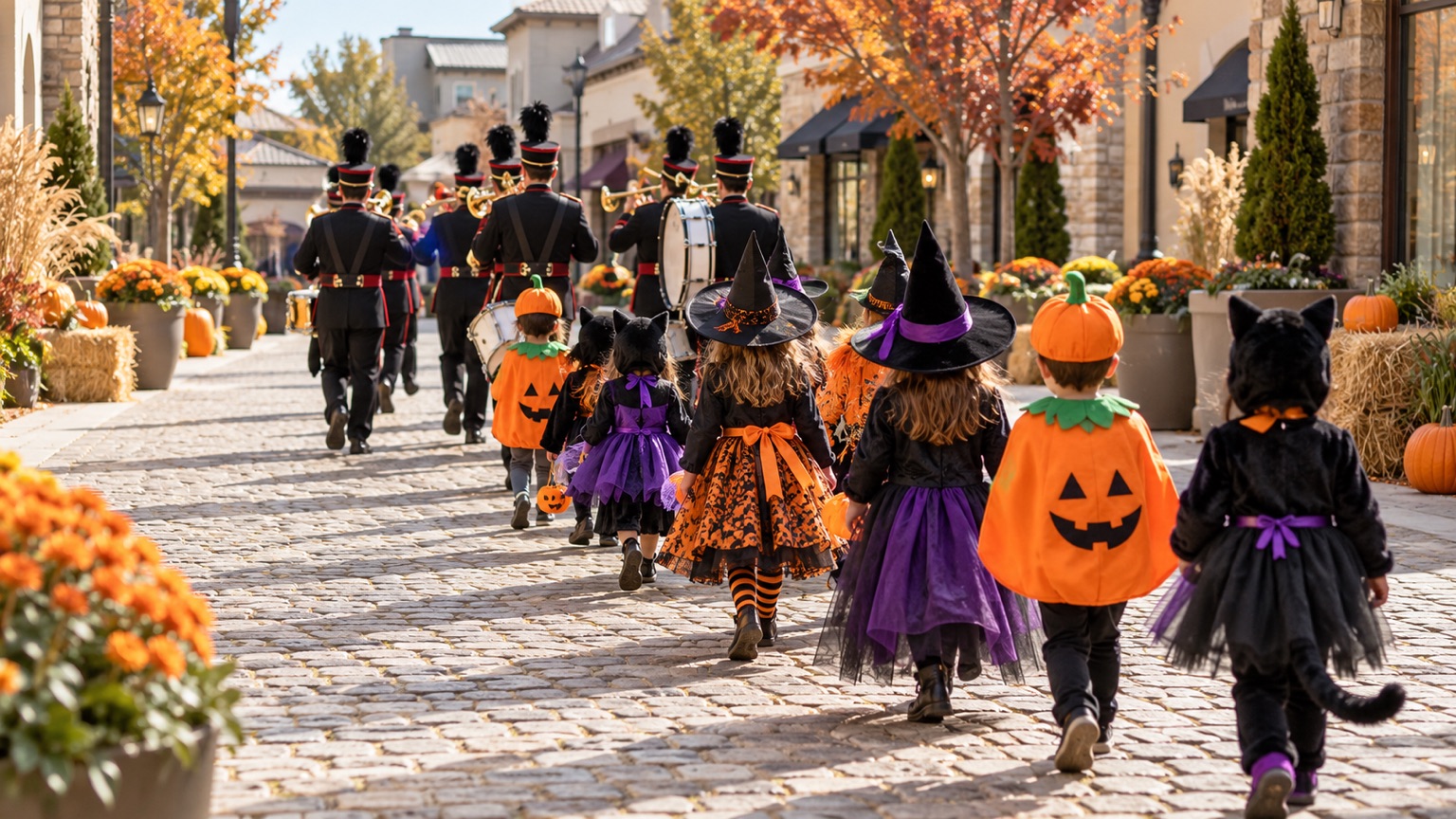 音楽隊のあとを仮装した子どもたちが歩くハロウィンパレードのイメージ