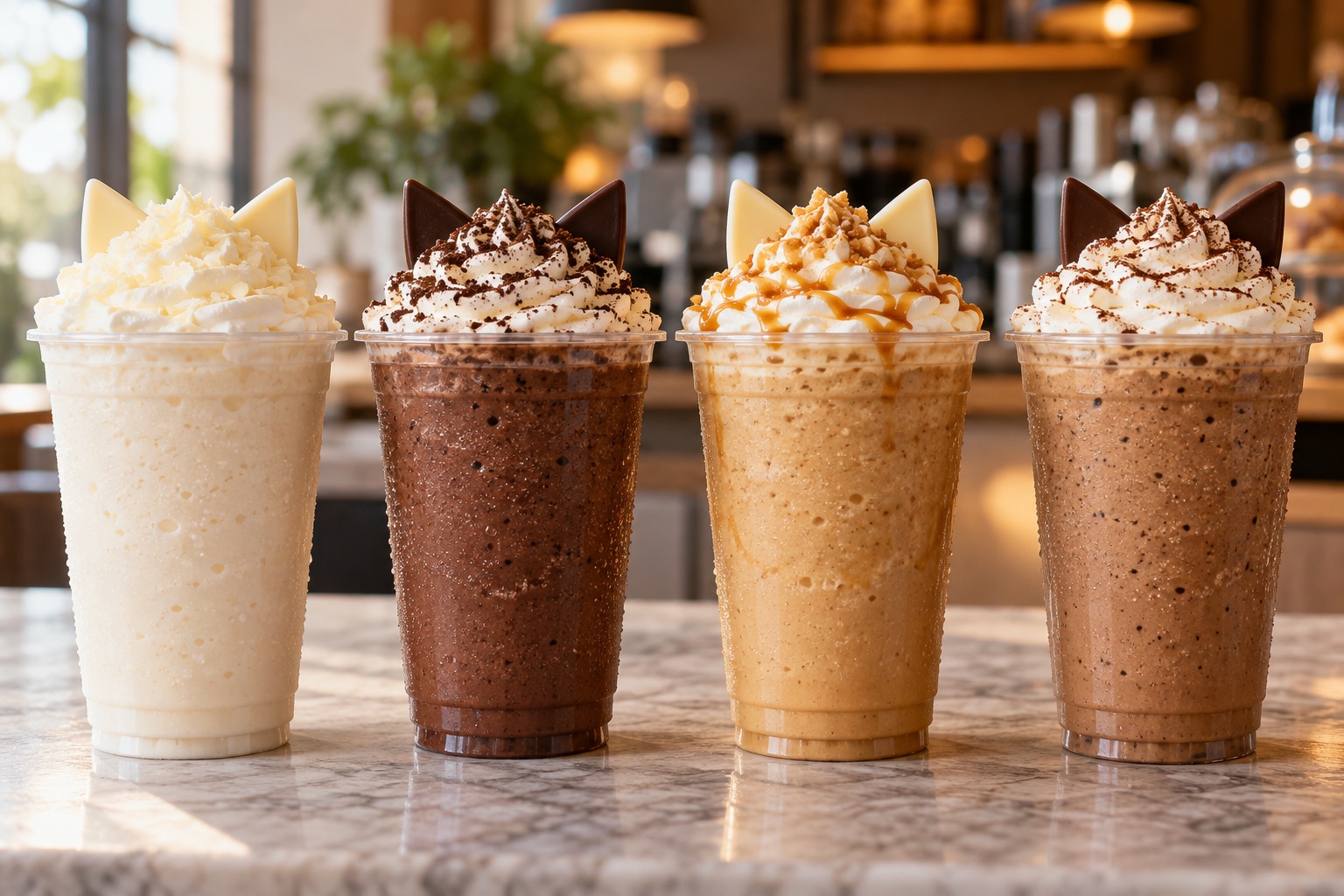猫耳チョコをのせた色ちがいのフラペチーノのイメージ