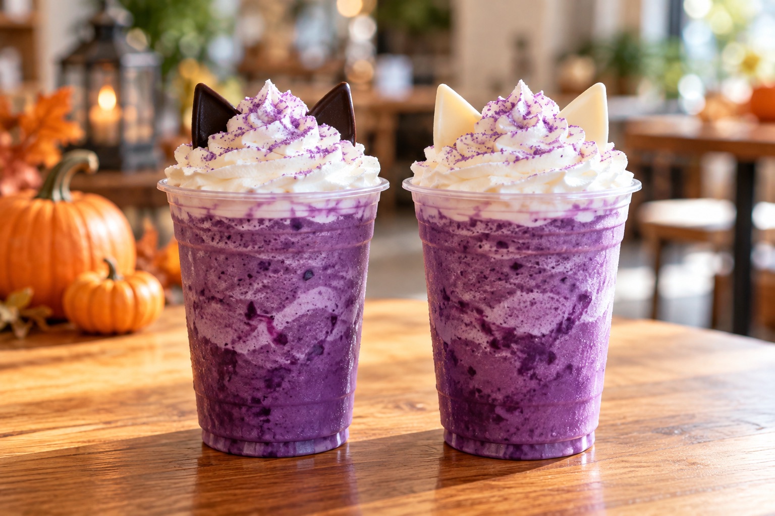 黒と白の猫耳チョコがのった紫色のフラペチーノのイメージ