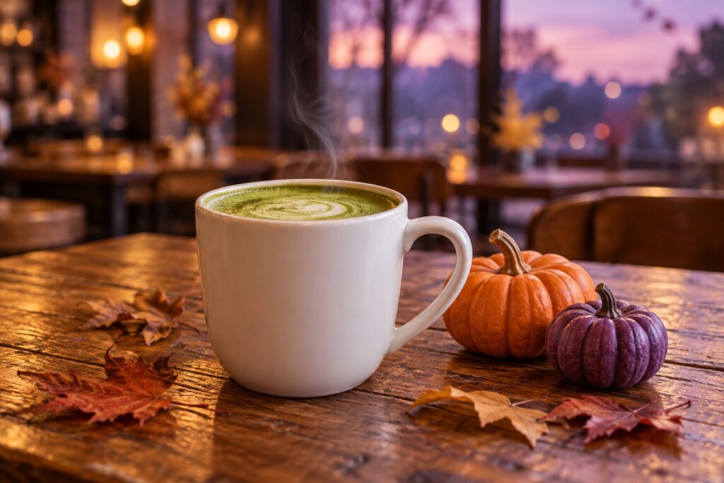 秋のカフェテーブルに置かれた抹茶ラテと小さなかぼちゃ（イメージ）