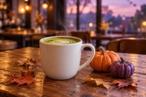 秋のカフェテーブルに置かれた抹茶ラテと小さなかぼちゃ（イメージ）