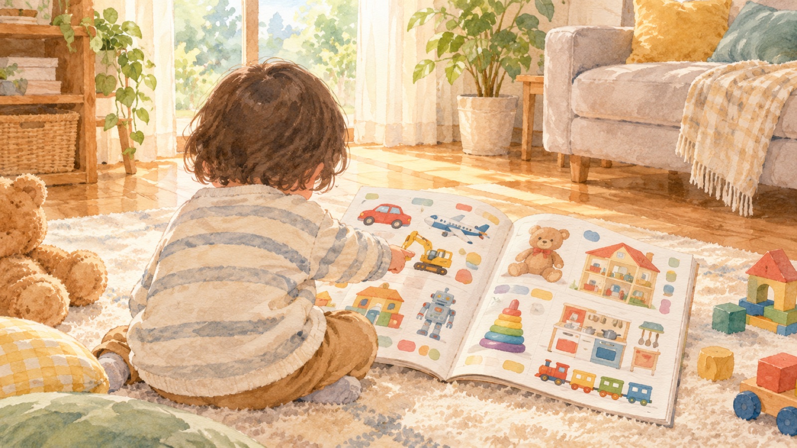 おもちゃのカタログを指さす子どもの後ろ姿