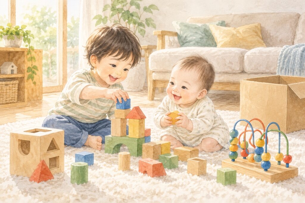 年の違う兄弟が木のおもちゃで一緒に遊んでいるイラスト