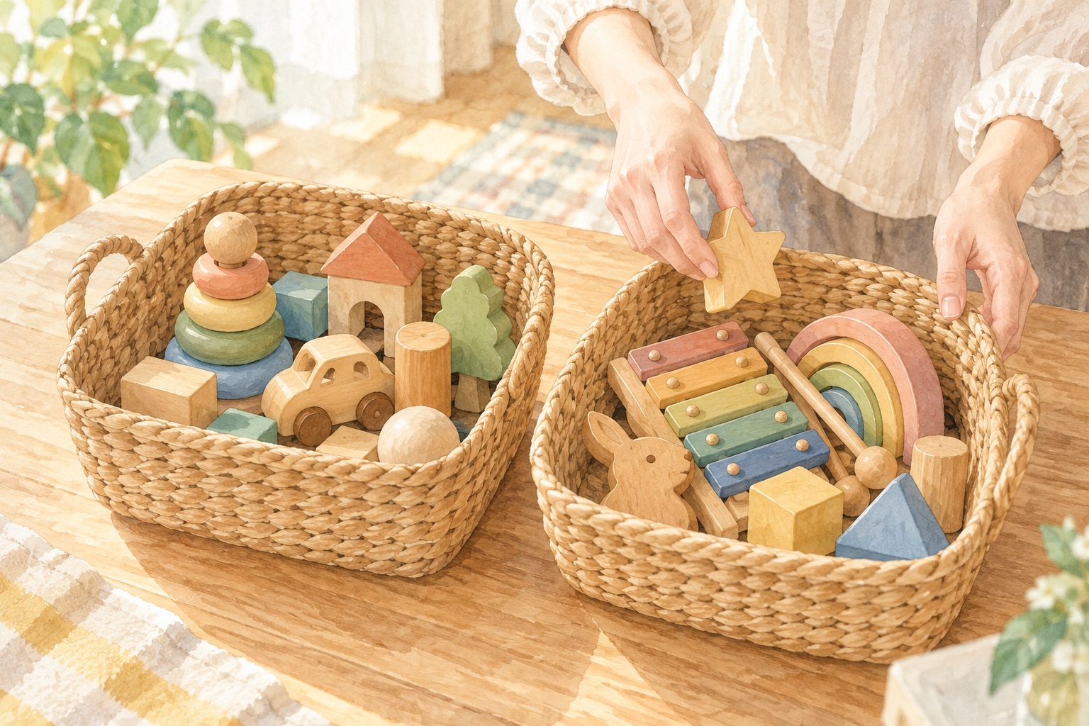 2つのかごに木のおもちゃを分けている手元のイラスト