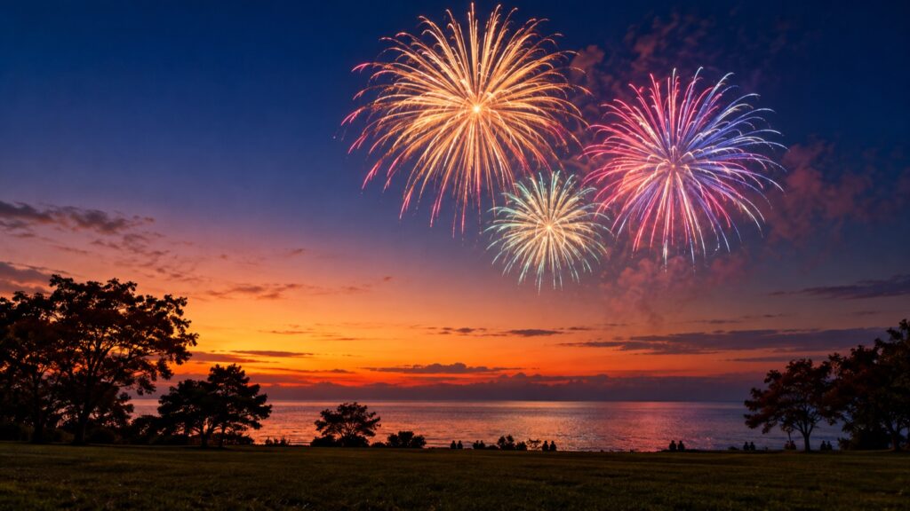 秋の夕暮れの海辺の公園に上がる打ち上げ花火のイメージ