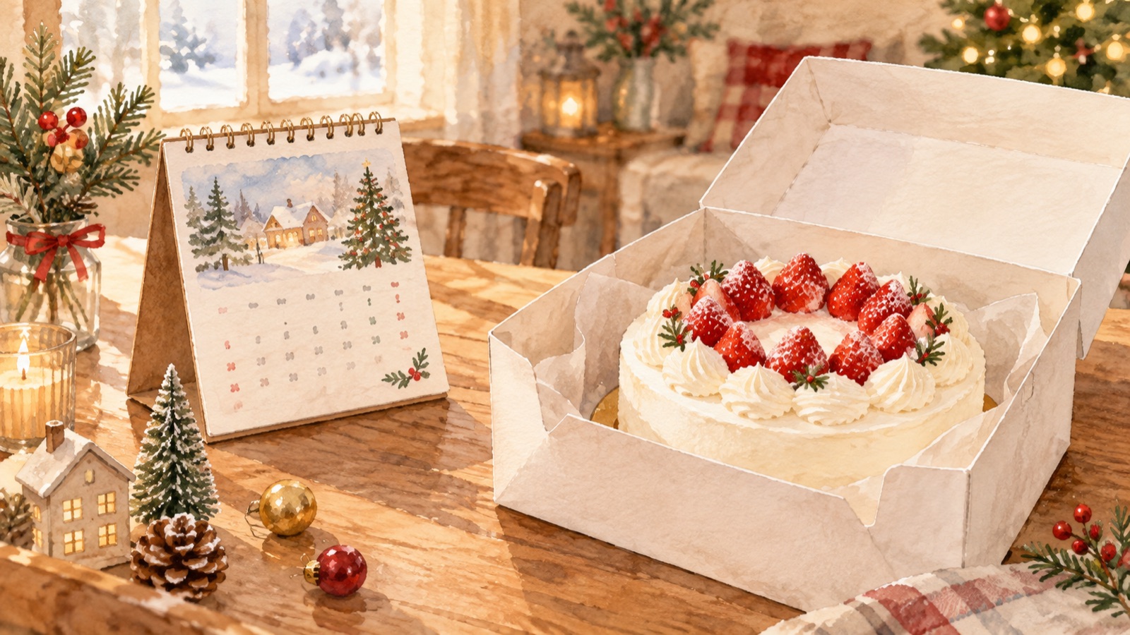 12月のカレンダーといちごのケーキが入った箱