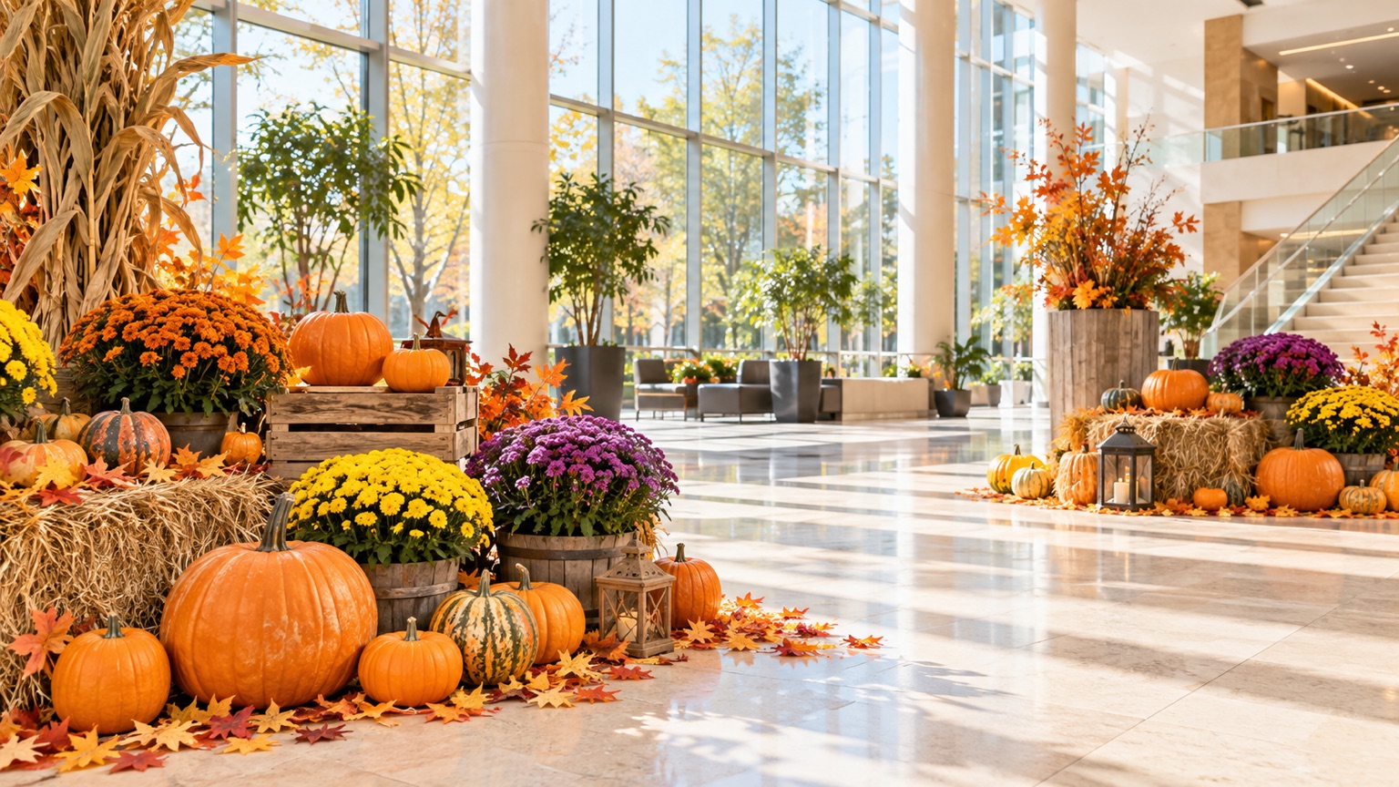 かぼちゃ飾りと秋の花が並んだ明るいロビーのハロウィン装飾のイメージ