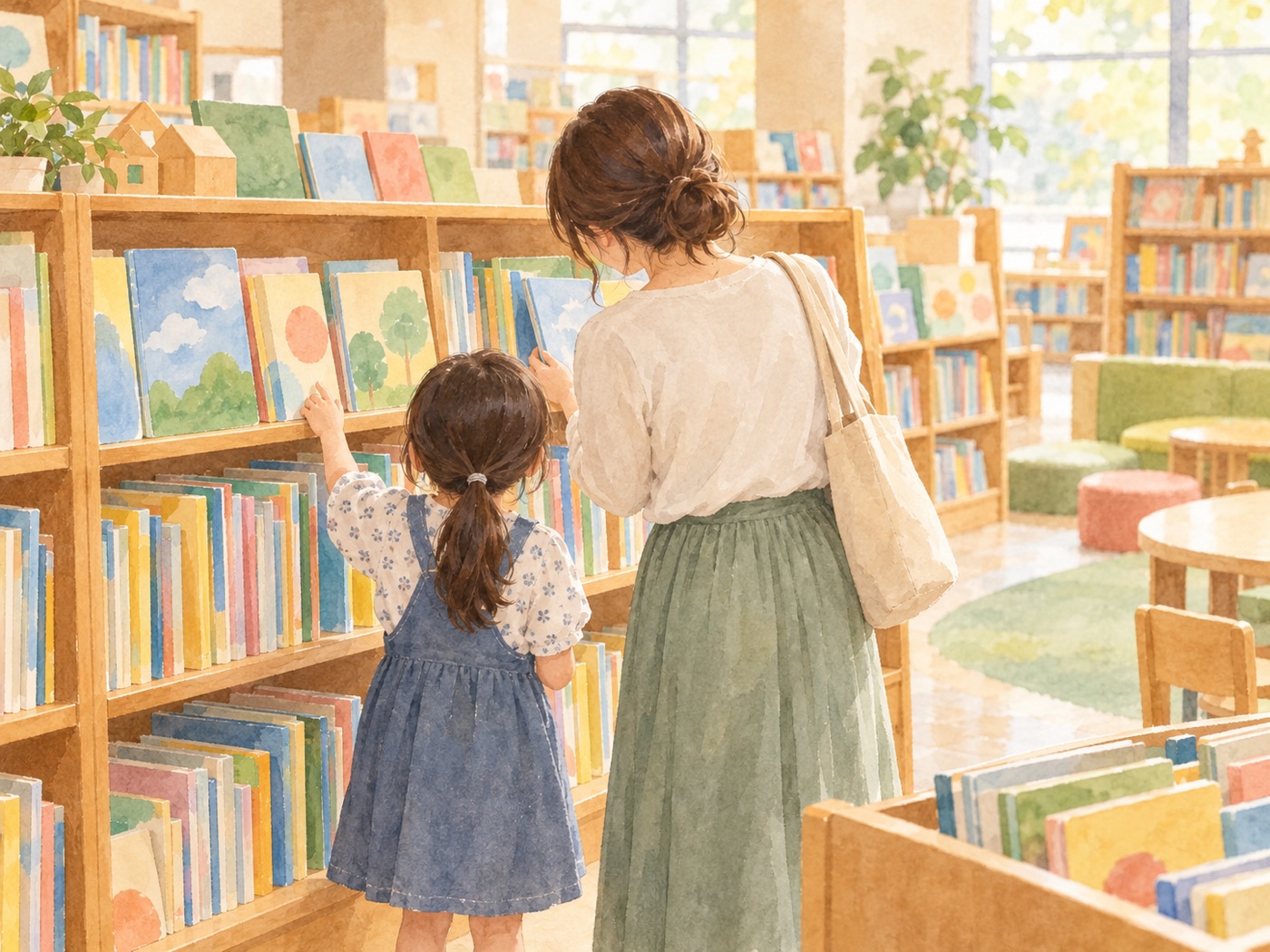 図書館の児童書コーナーで親子が本を選んでいるイメージイラスト