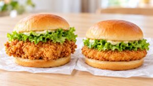 木のテーブルにならんだ2つのチキンバーガー（イメージ）